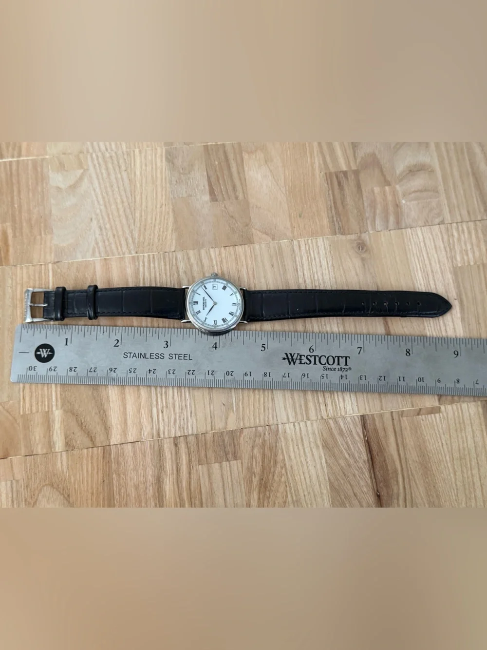 Raymond Weil Geneve Rare Stainless Case Vintage Watch White Dial Leather Strap